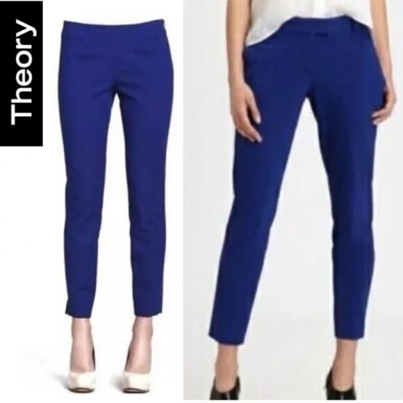 Theory Wool Blue Ankle Cropped Pants Ankle zippers Size 8 - Picture 1 of 16